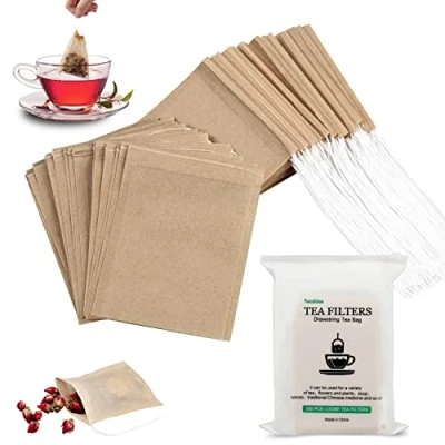Image of 100Pcs Disposable Tea Bags for Loose Leaf Tea, 100% Natural Wood Pulp Paper Material, Empty Unbleached Filter with Drawstring (3.54 x 2.75 inch)
