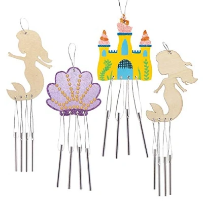 Image of Baker Ross FE190 Mermaid Wooden Windchimes Pack of 4, Decorate and Personalise for Arts Crafts Activities