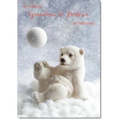 Image of doodlecards Grandson and Partner Christmas Card Polar Bear Snowball Medium Size for &amp; with Plain Envelope