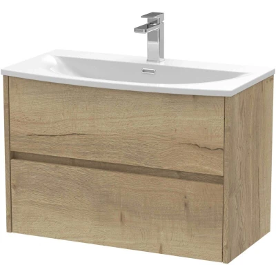 Image of Nuie Havana Autumn Oak Woodgrain 800mm Wall Hung 2 Drawer Vanity Unit and Curved Ceramic Basin HAV806G