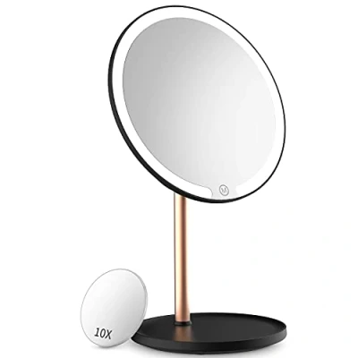 Image of Kostlich Lighted Makeup Mirror Rechargeable LED Tabletop Vanity with 10X Magnification Mini Cosmetic 3 Color Lights Dimming, Touch Sensor, Portable for Travel