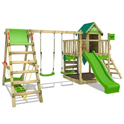 Image of FATMOOSE Wooden climbing frame JazzyJungle Jam XXL with SurfSwing, swing set &amp; apple green slide, Outdoor kids playhouse sandpit, ladder play accessories for the garden