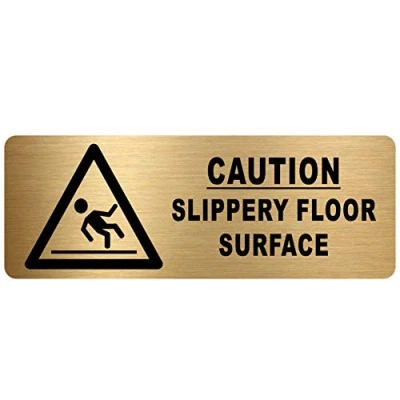 Image of METAL Caution Slippery Floor Surface Sign WITH IMAGE Brushed Gold Aluminium Safety Security Door Notice Shop Warehouse School Cafe Restaurant Business Health Accident