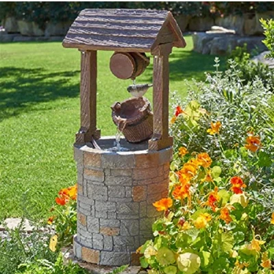Image of LQSSA Solar Powered Wishing Well Water Feature Bucket Fountain for Garden Decor