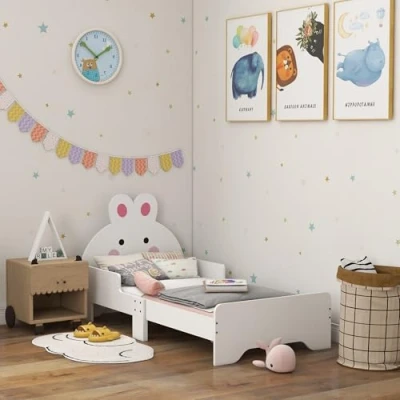 Image of ZONEKIZ Toddler Bed Frame, Rabbit Themed Kids Room Furniture, for 3 6 Years, 143 x 74 75cm White