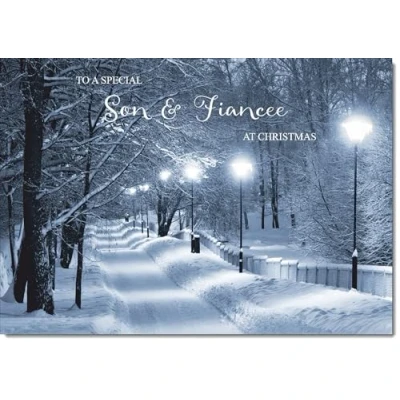 Image of doodlecards Son &amp; Fiancee Christmas Card Snowy Street Scene Medium Size with Plain Envelope