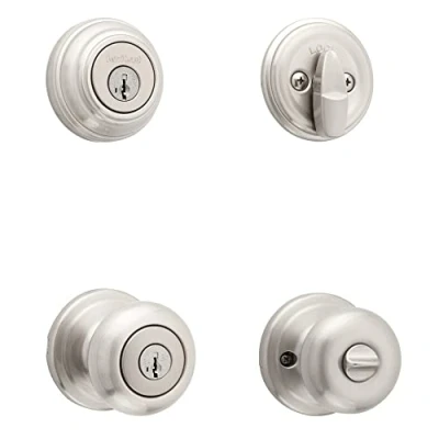 Image of Kwikset Satin Nickel SmartKey Single Cylinder Juno Entry Knob &amp; Deadbolt Comb