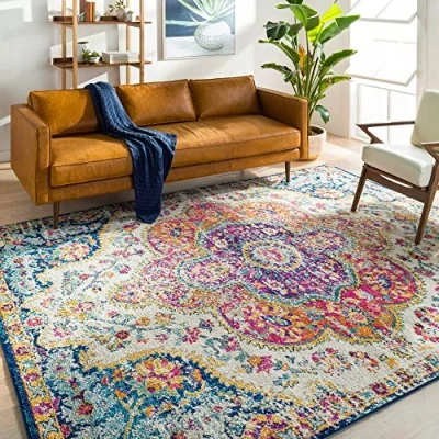 Image of Livabliss Rabat Vintage Rug Area Rugs Living Room 200x274 cm, Dining Floor, Kitchen, Traditional Multicoloured Boho Rug, Easy Care Pile, Bohemian Large Fuchsia, Orange and Blue