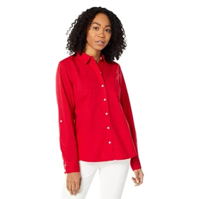 Image of Tommy Hilfiger Women&#039;s Classic Long Sleeve Roll Tab Button Down Shirt (Standard and Plus Size), Scarlet 01, Extra Large