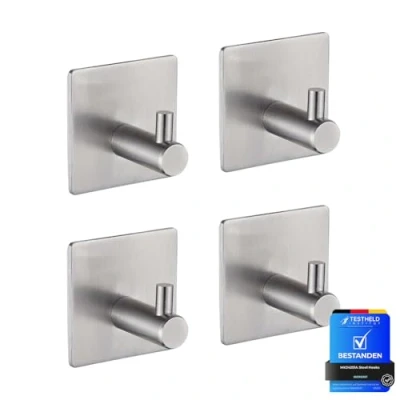 Image of Ibergrif MK34251A Self Adhesive Hooks, 4 Pack Sticky on Hooks Heavy Duty, Towel Wall Door for Bathroom or Kitchen, Silver