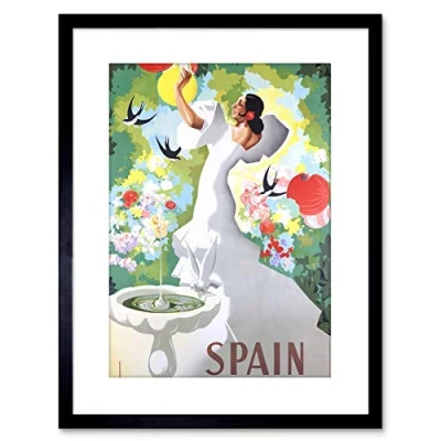 Image of Wee Blue Coo 9x7 &#039;&#039; SPAIN FLAMENCO DANCE BIRD BATH FRAMED ART PRINT PICTURE PHOTO F97X1322