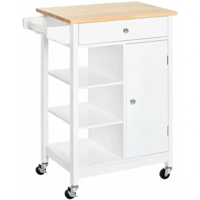 Image of HOMCOM Kitchen Trolley, Island on Wheels, w/Wood Top, 3 Shelves and Storage Cupboard, White
