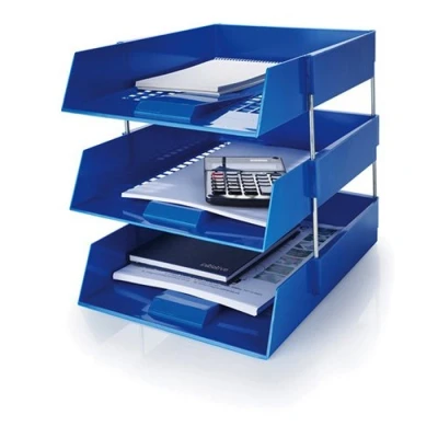 Image of 5 Star Blue A4 Plastic Letter File Trays, Including Risers. (4 Trays/3 Riser Sets)
