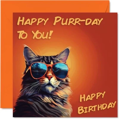Image of Funny Birthday Cards for Women Men Cool Cat Sunglasses Happy Card Mum Dad Brother Sister Uncle Auntie Cousin Grandad Nanny Friend 145mm x Joke Pun Greeting