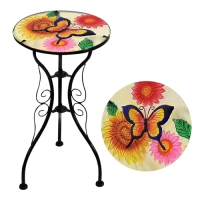 Image of Iron/Glass Round Mosaic Design Side Table Garden Outdoor Patio Flower Plant Stand (Flowers and Butterfly)