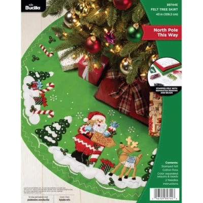 Image of FolkArt, North Pole This Way, Bucilla Felt Applique 43&quot; Tree Skirt Kit, Perfect for DIY Arts and Crafts, 89744E