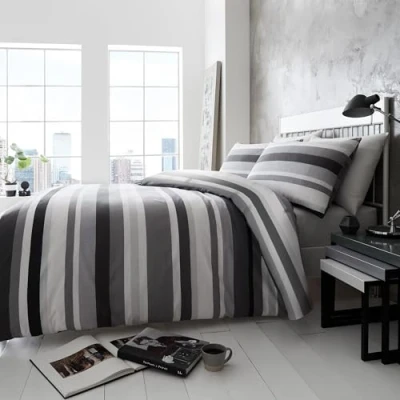 Image of Happy Linen Company Simply Stripes Black Charcoal Grey White King Reversible Duvet Cover Bedding Set