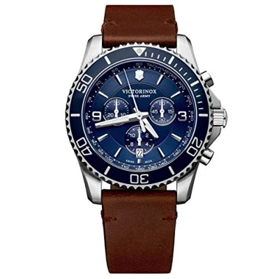 Image of Victorinox Men’s Watch Maverick Chronograph Ø 43 mm, Swiss Made, Analogue Quartz, Water Resistant up to 100 m, Leather Strap, Blue/Brown