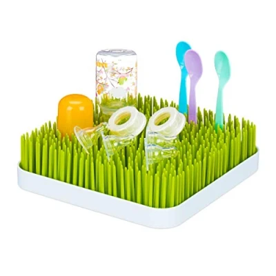 Image of Relaxdays Baby Bottle Drying Rack, Drip Tray, Grass Design, Water Drainer, Plastic, 6.5 x 23.5 cm, Green &amp; White