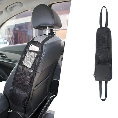Image of URAQT Car Organisers, Seat Side Storage Bag with 3 Pockets, Front Mesh Hanging for Auto Small Items, Durable Drink Holder Pockets Fit All Vehicles