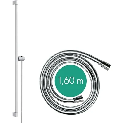 Image of hansgrohe 24405000 Unica S Puro 90 cm mit Easy Slide Handbrausehalter und Isiflex Brauseschlauch 160 Chrom Shower Rail, Chrome, Brausestange 90cm