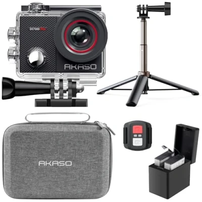 Image of AKASO EK7000 Pro Action Camera Selfie Stick Bundle Includes 4K30FPS Underwater Camera, Stick, 2 Batteries, Carrying Case, and Accessory Kits
