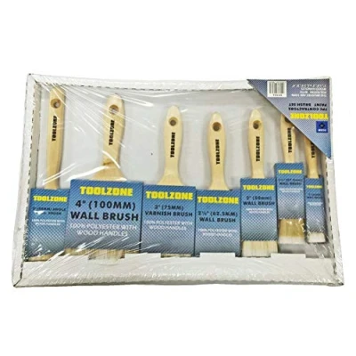 Image of Toolzone 100% Polyester Bristle 7 Piece Paint Brush Set 1&quot;, 1.5&quot;, 2&quot;, 2&quot; (Angled), 2.5&quot;, 3&quot; (Varnish), 4&quot;