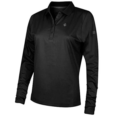 Image of Island Green Golf IGLTOP1696 Womens Breathable Thermal 2 Way Stretch Long Sleeve Polo Shirt Sports Top, Black, Size 16