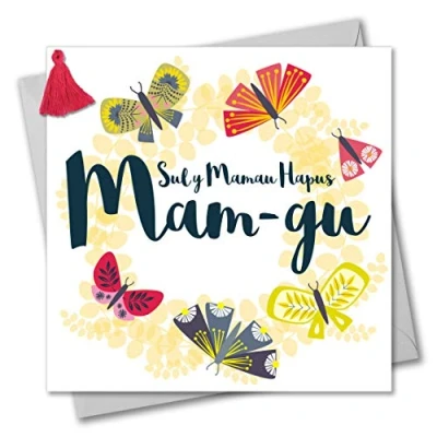 Image of Claire Giles Tassel Embellished Welsh Language Mother&#039;s Day Greeting Card, Grandma, Butterfly Wreath, Happy Day, Sul y Mamau Hapus Mam gu, WMBL009