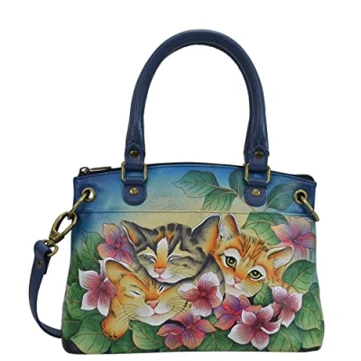 Image of Anna by Anuschka Women&#039;s Hand Painted Leather Small Satchel Three Kittens Blue, One Size
