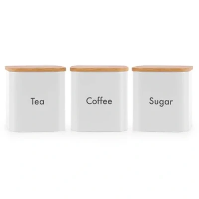 Image of EHC Set of 3 Tea, Coffee &amp; Sugar Canister Storage Jar Container With Airtight Wood Lid, White