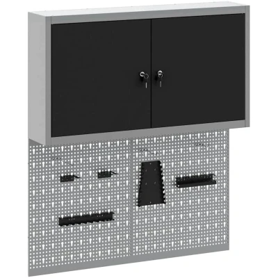 Image of vidaXL 3 Piece Tool Cabinet and Pegboard Set Wall Mounted Black Metal