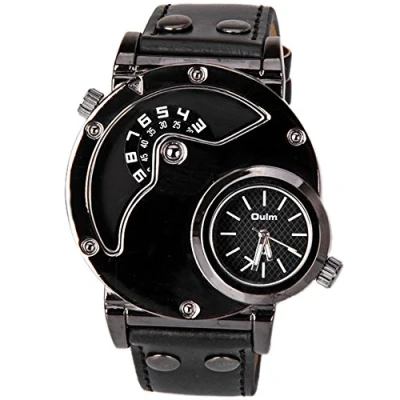 Image of Oulm 9591 Luxury Men&#039;s Military Sport Quartz Wrist Watch Leather Band Dual Movt Round Shaped(Black)