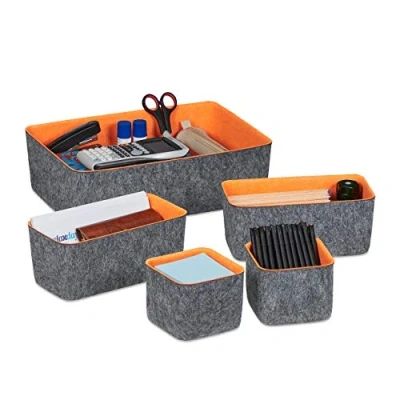Image of Relaxdays Drawer Organiser Felt 5 Piece Desktop 3 Sizes Baskets, Grey/Orange, 1