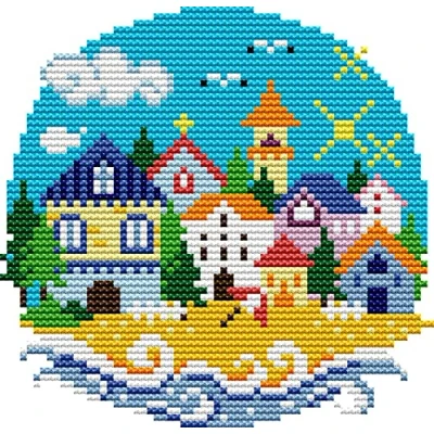 Image of Awesocrafts Cross Stitch Stamped Kits Summer Village Easy Patterns Stitching Embroidery Needlework Kit Supplies (Summer)