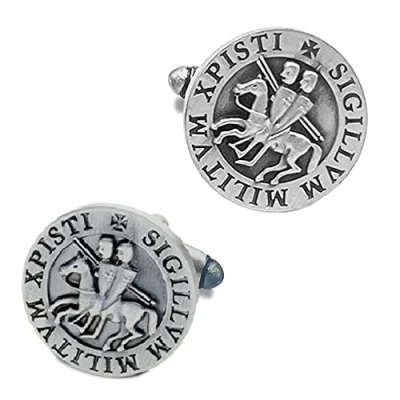 Image of THE MASONIC COLLECTION Silver Round Knights Templar Seal Cufflinks plated A Useful Gift Accessory for Freemason Men Velvet Pouch