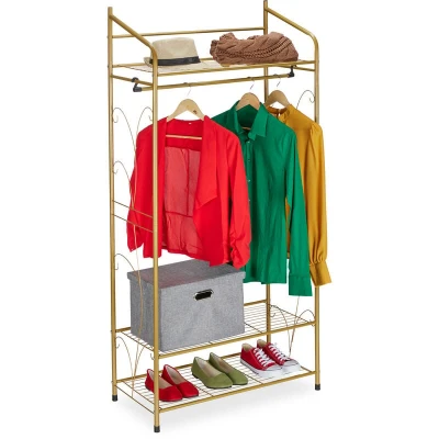 Image of Relaxdays Coat Rack, Stable Clothes Rail with 3 Shelves, Wardrobe for Small Spaces, Iron, HxWxD: 161 x 78 36cm, Silver