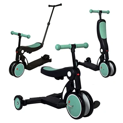 Image of Looping SCOOTIZZ 5 in 1 Evolutive Balance Bike with Push Bar/Tricycle Baby/Child Scooter Bar, Almond Green