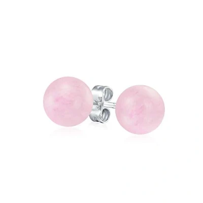 Image of Simple Semi Precious Gemstone Light Pink Quartz Round Ball Stud Earrings For Women Teen .925 Sterling Silver 8MM