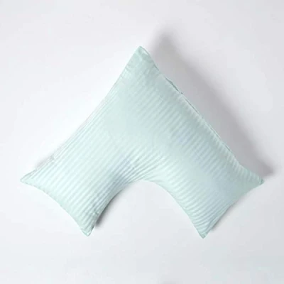 Image of HOMESCAPES Blue Pure Egyptian Cotton V Shape Pillowcase 330 TC 500 Thread Count Percale Equivalent Satin Stripe Pillow Case For Nursing Pregnancy and Elderly