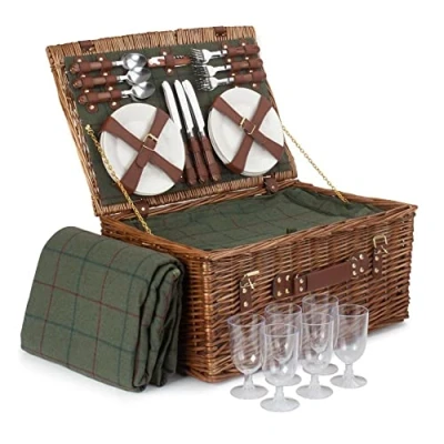 Image of Red Hamper FH121 Wicker 6 Person Green Tweed Classic Picnic Basket