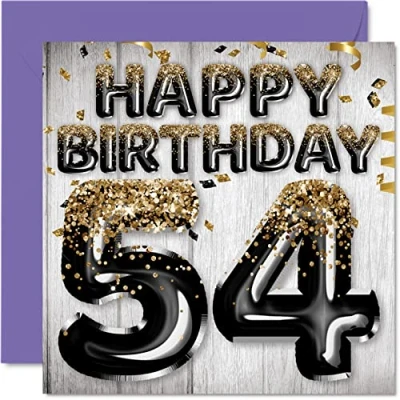 Image of 54th Birthday Card for Men Black &amp; Gold Glitter Balloons Happy Cards 54 Year Old Man Dad Grandad Grandpa Gran Uncle, 145mm x Fifty Four Fourth Bday Greeting Gift