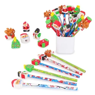 Image of Toyland® Pack Of 24 Novelty Christmas Pencils With Erasers Various Designs Stocking Fillers