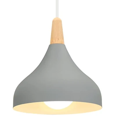 Image of iDEGU Retro Pendant Ceiling Light Modern Drop Style Hat Lampshade E27 Fixture in Metal Wood Lamp for Bedroom, Dining Room, Kitchen, Φ 20 cm (Grey)