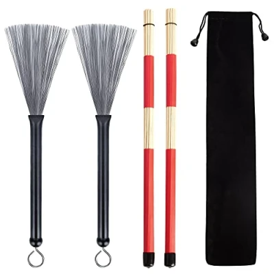 Image of 1 Pair Retractable Drum Wire Brushes with Comfortable Aluminum Handles and Rods Sticks Storage Bag for Jazz Folk Rock Band Music Lovers Drummers Beginners Students Adults (Black)