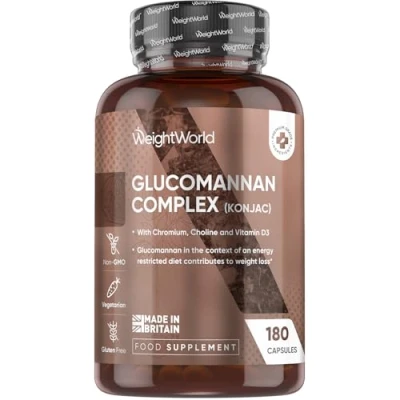 Image of Glucomannan Capsules from Konjac Root 180 with Chromium, Vitamin D3, Choline &amp; B3 Vegetarian and Chromium Diet Supplement Made in The UK