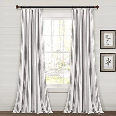 Image of Lush Decor Farmhouse Stripe Yarn Dyed Cotton Window Curtain Panel Pair, 42&quot; W x 84&quot; L, Gray Classic Modern Rustic Charm Eco Friendly Fabric