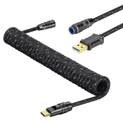 Image of MAMBASNAKE C05 Custom Coiled Aviator USB C Cable for Gaming Keyboard, Nylon Braided, A to C, Double Sleeved Mechanical Keyboard with Detachable CNC Metal Aviation Connector, 4.92ft Black