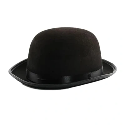 Image of FASHIONISM Unisex Charlin Chaplin Satin Ribbon Band Black Bowler Hat Adults Velour Halloween Party Fancy Dress Accessory
