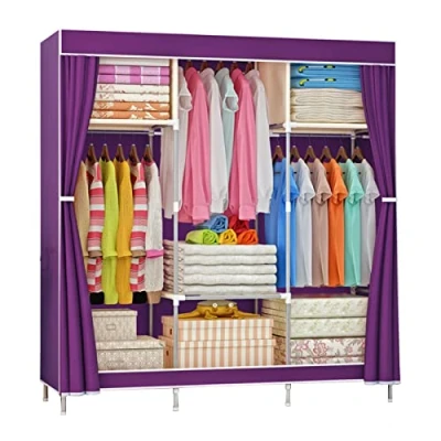 Image of Wardrobe Canvas Fabric Foldable Clothes Closet Storage Organizer With Hanging Rail, Shelves for Bedroom,Purple 105x46x156cm